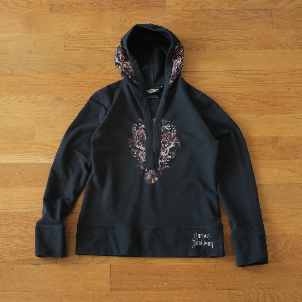 Harley Davidson Hoodie Womens Black Graphic Skull Filigree Gothic M Pullover